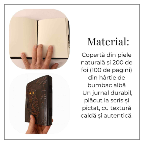 Jurnal Bufnita din Piele Naturala cu Piatra Decorativa si Hartie Bumbac Alba 17x13 cm [2]