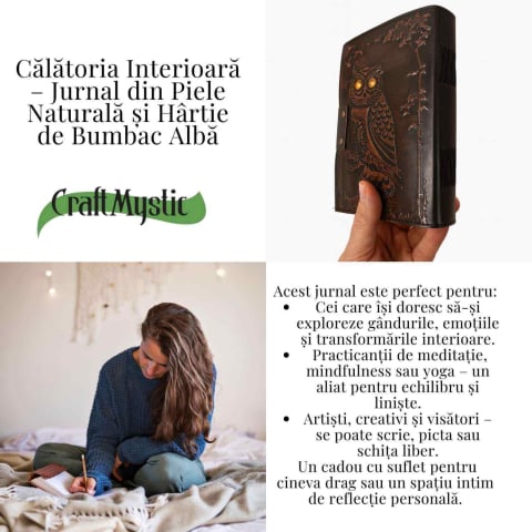 Jurnal Bufnita din Piele Naturala cu Piatra Decorativa si Hartie Bumbac Alba 17x13 cm [4]