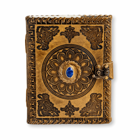 Jurnale din piele - Jurnal din piela naturala autentic cu coperta gravata si piatra naturala Lapis Lazuli si hartie bumbac galbena
