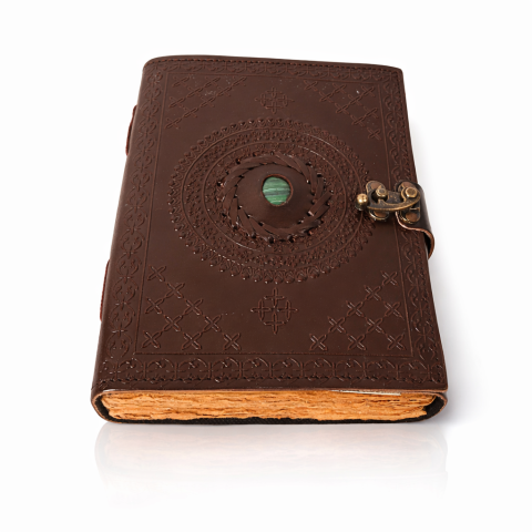 Instrumente și Accesorii Spirituale - Jurnal vintage din piele naturala cu hartie bumbac si malachit decorativ 20x15 cm