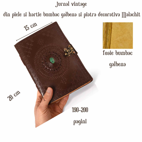 Jurnal vintage din piele naturala cu hartie bumbac si malachit decorativ 20x15 cm [1]