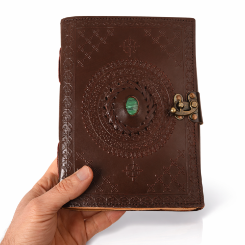 Jurnal vintage din piele naturala cu hartie bumbac si malachit decorativ 20x15 cm [3]