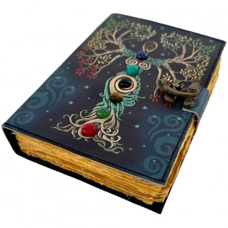 Jurnal vintage pentru magie model "Book of Shadow"  cu 7 pietre pentru cele 7 chakre - Jurnal cu inchidere cu lacat, handmade din piele vintage, cadou pentru femei si barbati