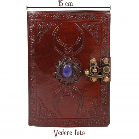 Jurnal din Piele design cu Tripla Luna si piatra semipretioasa Lapis Lazuli - Hartie Vintage tip pergament Ideal pentru Schite si Notite, 20 x 15 cm cm [5]