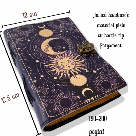 Jurnal Vintage din Piele cu Design Soare si Luna - Manual, cu Pagini de Hartie tip pergament 190-200 Pagini [1]