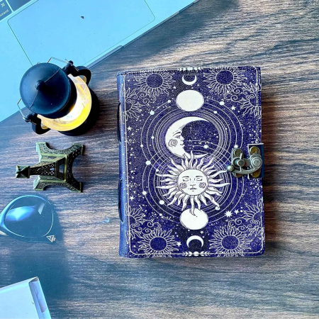 Jurnal Vintage din Piele cu Design Soare si Luna - Manual, cu Pagini de Hartie tip pergament 190-200 Pagini [4]