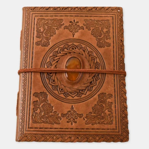 Jurnale din piele - Jurnal Piele Naturala cu Cristal Galben – Mandala Vintage – CraftMystic