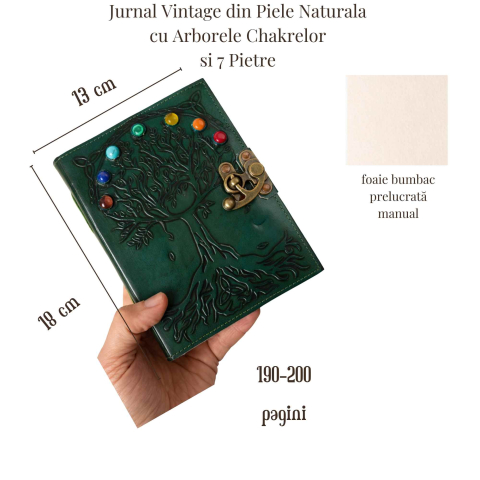 Jurnal Vintage din Piele Naturala cu Arborele Chakrelor si 7 Pietre – hartie de bumbac 18x13 cm [1]