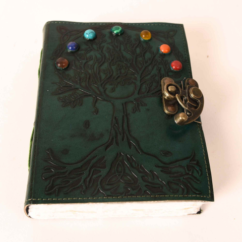 Instrumente și Accesorii Spirituale - Jurnal Vintage din Piele Naturala cu Arborele Chakrelor si 7 Pietre – hartie de bumbac 18x13 cm