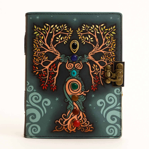 Jurnal vintage pentru magie model "Book of Shadow"  cu 7 pietre pentru cele 7 chakre - Jurnal cu inchidere cu lacat, handmade din piele vintage, cadou pentru femei si barbati [6]