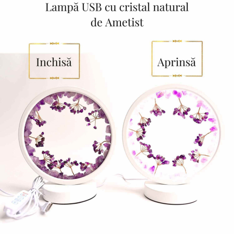 Lampa de noapte rotunda cu cristale ametist brut si rulat – energie pozitiva pentru relaxare [2]