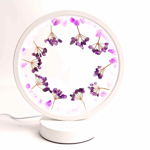 Ametist - Lampa de noapte rotunda cu cristale ametist brut si rulat – energie pozitiva pentru relaxare