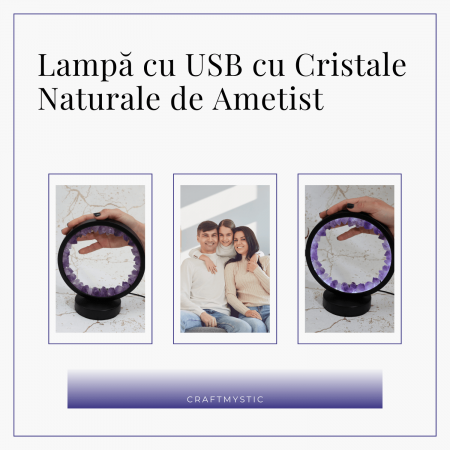 Lampa rotunda de Noapte Naturala cu Cristal de Ametist - USB, Decor Acasa [6]
