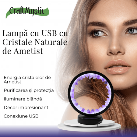 Lampa rotunda de Noapte Naturala cu Cristal de Ametist - USB, Decor Acasa [1]