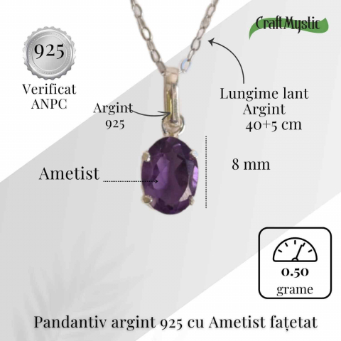Claritate Mentala si Liniste Interioara – Colier Oval cu Ametist Fatetat si Argint 925 [4]