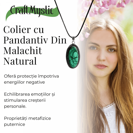 Colier Reglabil cu Pandantiv Argintiu 40mm in Forma Ovala din Malachit Natural [4]