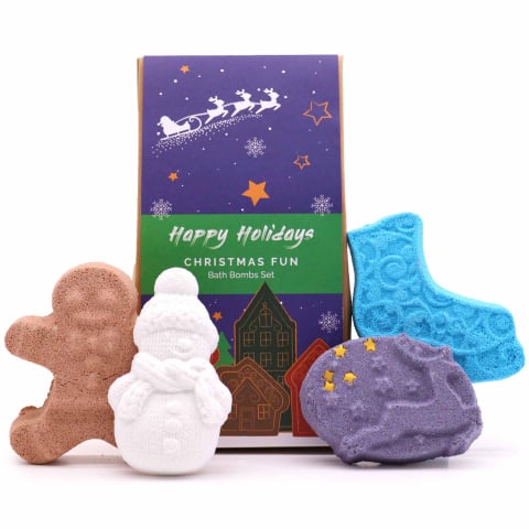 Aromaterapie - Set bombe de baie Christmas Fun – 4 piese (Gingerbread, Patina, Om de zapada, Ren) – cadoul perfect de Craciun