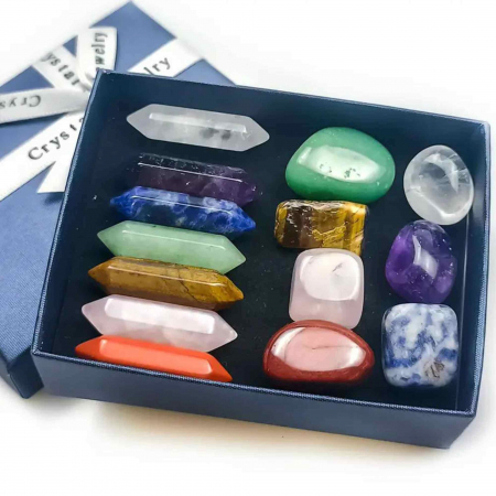 Mini set de cristale vindecatoare cu 14 cristale - Include 7 pietre naturale polisate si 7 turnuri cu dublu varf din cristale [2]