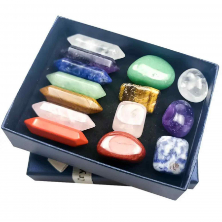 Mini set de cristale vindecatoare cu 14 cristale - Include 7 pietre naturale polisate si 7 turnuri cu dublu varf din cristale [1]