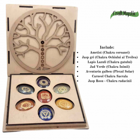 Set Complet cu 7 Pietre Chakra in Forma Ovala, Gravate cu Simboluri Reiki si Pastrate in Cutie din Lemn Natural - Cristale Terapeutice pentru Protectie, Meditatie si Energie Pozitiva [1]