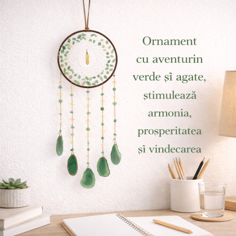 Ornament cu Aventurin Verde, Cupru si Felii de Agat – Simbol al Echilibrului Interior  Ornament Decorativ cu Aventurin Verde și Felii de Agat Naturale [1]