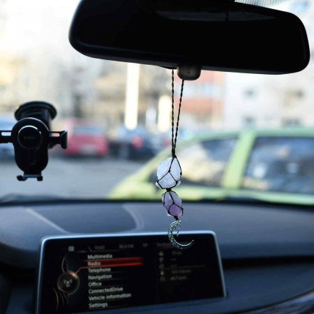 Ornament de agatat cu cristale vindecatoare Ametist si Turmalina Neagra, accesorii sub forma de semiluna si steluta Decor feng shui pentru oglinda masinii, casa si birou [1]