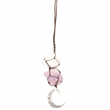 Ornament de agatat cu cristale vindecatoare Ametist si Turmalina Neagra, accesorii sub forma de semiluna si steluta Decor feng shui pentru oglinda masinii, casa si birou