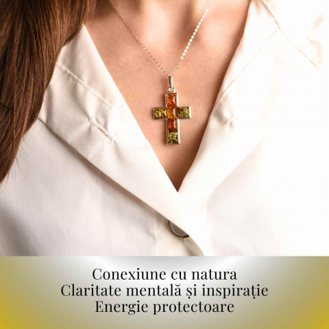 Colier argint 925 cu chihlimbar natural - crucea protectiei [7]