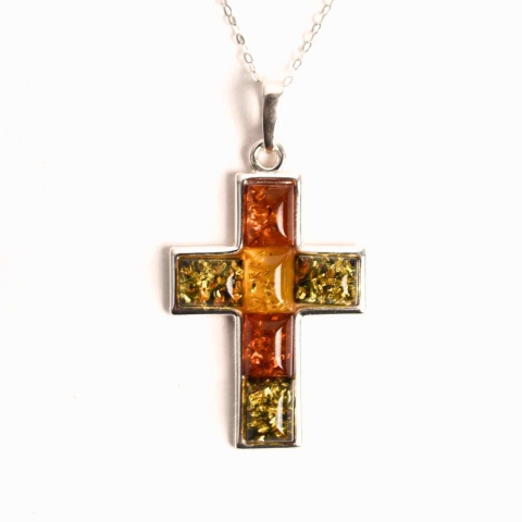 Colier argint 925 cu chihlimbar natural - crucea protectiei