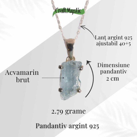 Colier Argint 925 cu Acvamarin Brut – Liniste Interioara si Claritate [30]