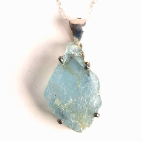 Cristale pentru zodii - Colier Argint 925 cu Acvamarin Brut 5.68 gr– Liniste Interioara si Claritate