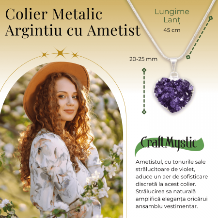 Colier Delicat cu Lant Argintiu si Pandantiv din Ametist Druzy Natural in Forma de Inima, 20-25mm [1]