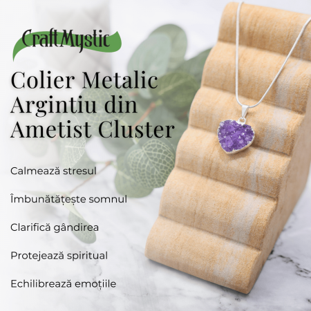Colier Delicat cu Lant Argintiu si Pandantiv din Ametist Druzy Natural in Forma de Inima, 20-25mm [5]