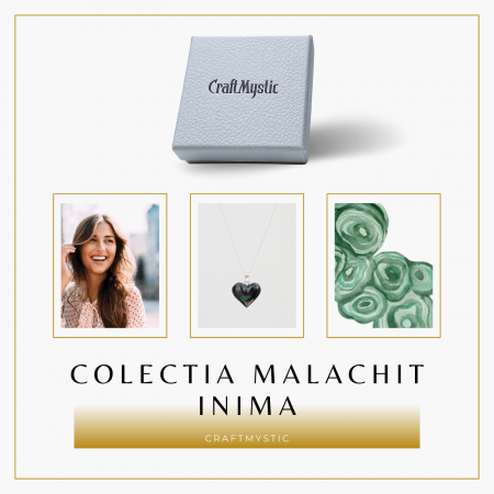 Colier Elegant cu Lant Argintiu si Pandantiv din Malachit Natural in Forma de Inima, 25mm [6]