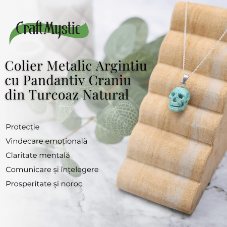 Colier Stilat cu Lant Argintiu si Pandantiv din Turcoaz Natural in Forma de Craniu, 20mm [5]