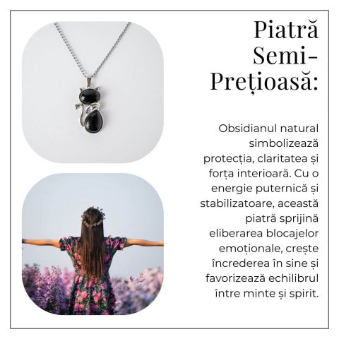 Protectie si Echilibru – Colier Pisica din Otel Inoxidabil cu Obsidian [5]