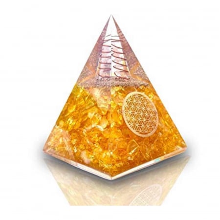 Piramide cristale semipretioase - Piramida Orgonica cu Citrin si simbolul floarea vietii 8 cm – pentru intelepciune, bogatie si succes