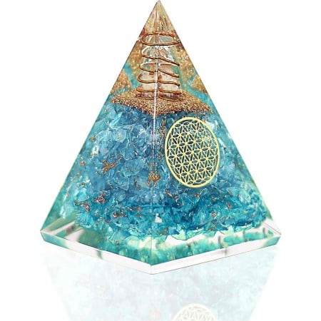 Piramide cristale semipretioase - Piramida Orgonica cu cristal Acvamarin si simbolul floarea vietii 8 cm – pentru energie pozitiva, curaj, eliminarea fricii si a stresului