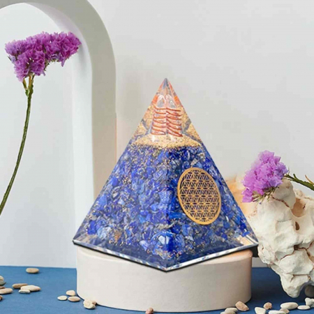 Piramida Orgonica cu cristale Lapis Lazuli si simbolul floarea vietii 8 cm – pentru intelepciune, armonie, onestitate si constientizare de sine [7]