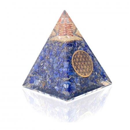 Piramide cristale semipretioase - Piramida Orgonica cu cristale Lapis Lazuli si simbolul floarea vietii 8 cm – pentru intelepciune, armonie, onestitate si constientizare de sine