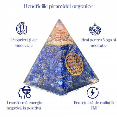 Piramida Orgonica cu cristale Lapis Lazuli si simbolul floarea vietii 8 cm – pentru intelepciune, armonie, onestitate si constientizare de sine [2]