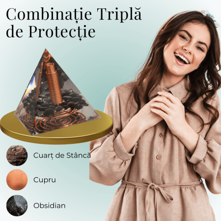 Piramida Orgonica Obsidian cu Varf de Cuart de Stanca si Spirala de Cupru - Protectie [6]