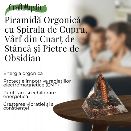 Piramida Orgonica Obsidian cu Varf de Cuart de Stanca si Spirala de Cupru - Protectie [3]
