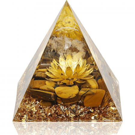 Piramide cristale semipretioase - Piramida Orgonica cu cristale vindecatoare Ochi de Tigru, floare de lotus si sfera din cristal transparent 8 cm  – Promoveaza bogatia, prosperitatea si atrage succesul