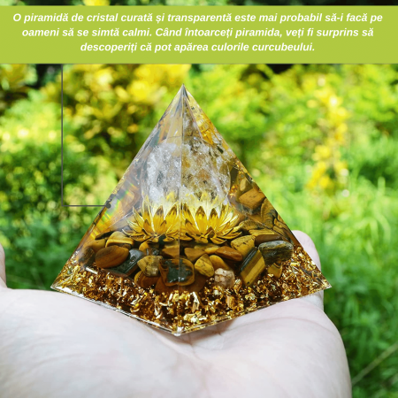 Piramida Orgonica cu cristale vindecatoare Ochi de Tigru, floare de lotus si sfera din cristal transparent 8 cm  – Promoveaza bogatia, prosperitatea si atrage succesul [2]