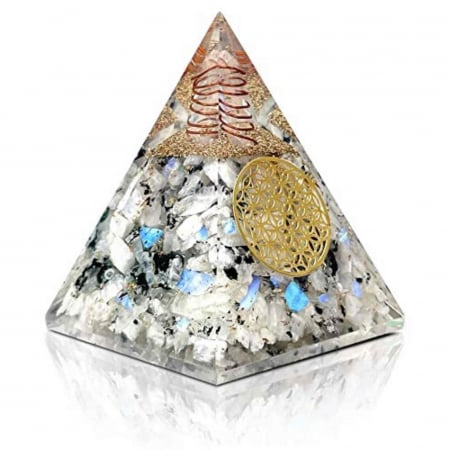 Piramide cristale semipretioase - Piramida Orgonica cu Piatra lunii curcubeu si simbolul floarea vietii 8 cm – incurajeaza speranta, sensibilitatea, intuitia si abilitatile psihice
