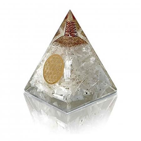 Piramide cristale semipretioase - Piramida orgonica cu selenit si simbolul floarea vietii 8 cm – pentru curatarea energiei negative, pace, calm si energie pozitiva