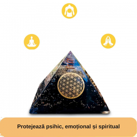 Piramida Orgonica cu Turmalina neagra si simbolul floarea vietii 8 cm – pentru meditatie si trezirea spiritualitatii si a abilitatilor interioare [7]