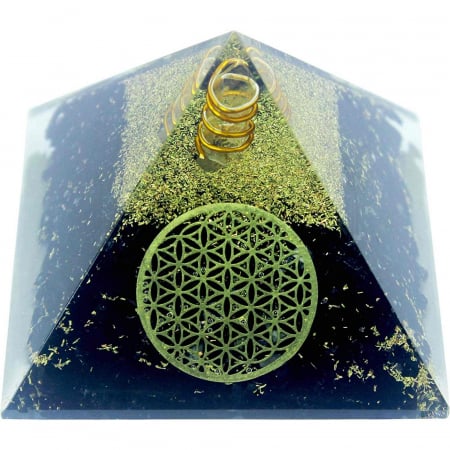 Piramide cristale semipretioase - Piramida Orgonica cu Turmalina neagra si simbolul floarea vietii 8 cm – pentru meditatie si trezirea spiritualitatii si a abilitatilor interioare