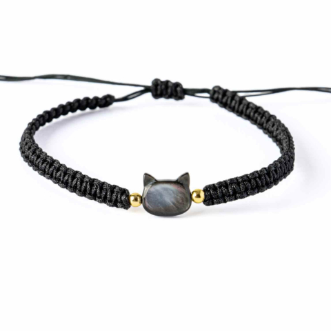 Claritate Mentala si Focus - Protectie si Noroc – Bratara cu Charm Pisica din Scoica Naturala, Neagra